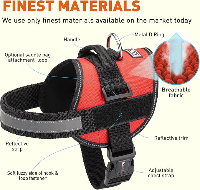 Dogline Dog Harness, Reflective No-Pull Adjustable Vest with Handle, Breathable No-Choke Harness for Small, Medium or Large Dogs Room for Patches Girth 22"-28" in Red-PawvioPets