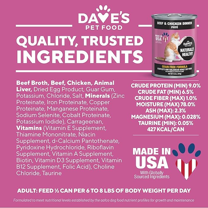 Dave's Pet Food Grain Free Wet Cat Food Pate (Beef & Chicken), Made in USA Naturally Healthy Canned, 12.5 oz Cans (12 Pack)-PawvioPets