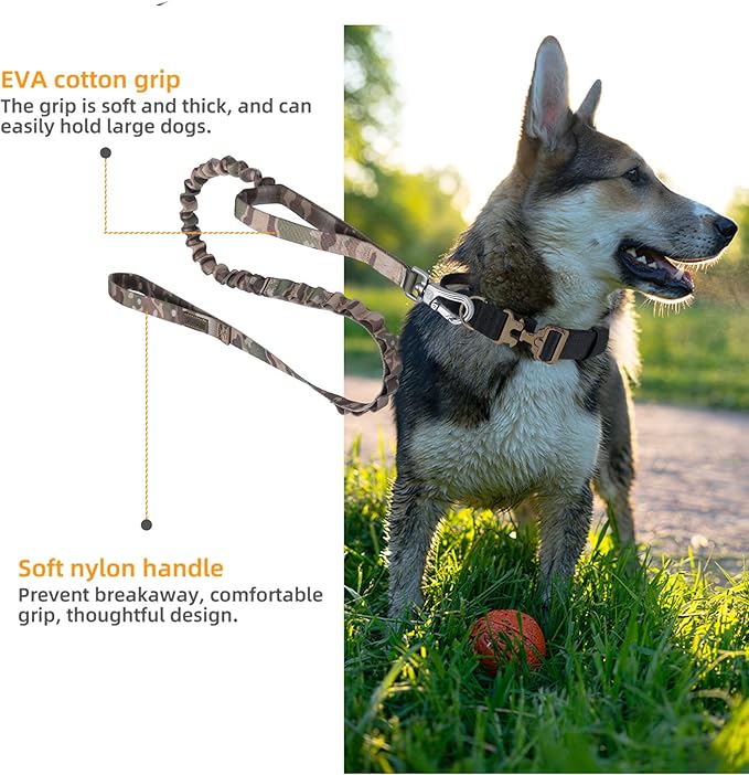 EXCELLENT ELITE SPANKER Bungee Dog Leash Tactical Nylon Adjustable Tactical No Pull Leads Rope for Dogs Quick Release Military Rope with 2 Control Handle (MCP)-PawvioPets