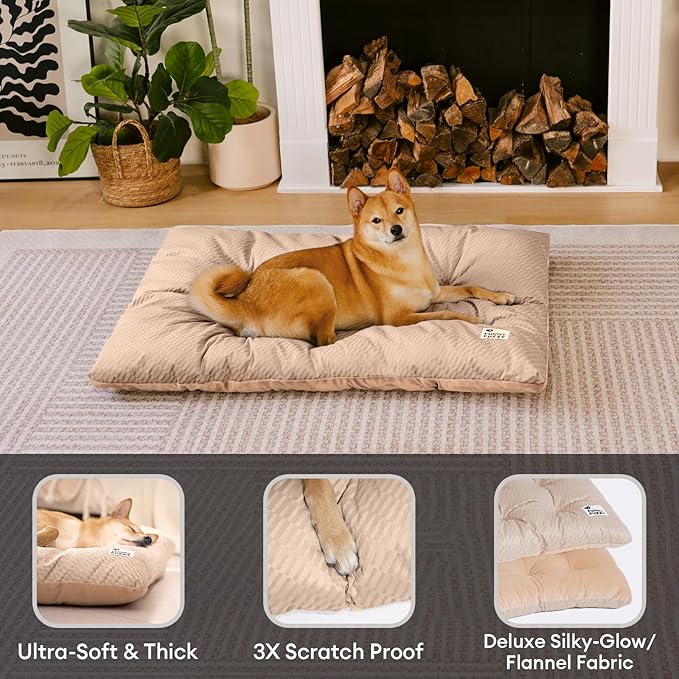 FUNNY FUZZY 2 in 1 Dog Crate Bed Pad for Large Sized Dog, Washable Reversible Pet Soft Mats,Durable Fluffy Kennel Mattress,Indoor Cats, 35" × 23", Beige-PawvioPets