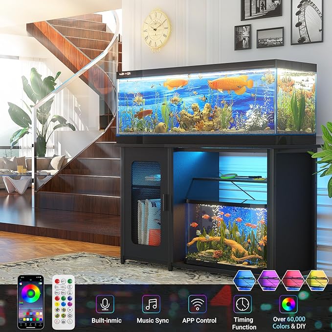55-75 Gallon Fish Tank Stand with Power Outlets & LED Light, Reversible Heavy Duty Metal Aquarium Stand with Cabinet for Fish Tank Accessories Storage, Turtle/Reptile Terrariums, Black-PawvioPets