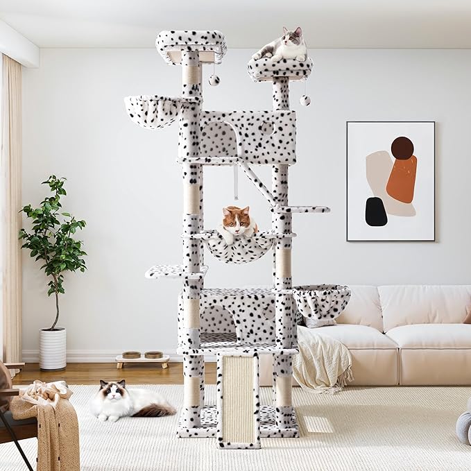 Allewie 81 Inches Tall Cat Tree/Multi-Level Large Climbing Tree House and Towers for Big Feline/Condo and Hammock/Scratching Post/Wide Base/White & Black Spot-PawvioPets
