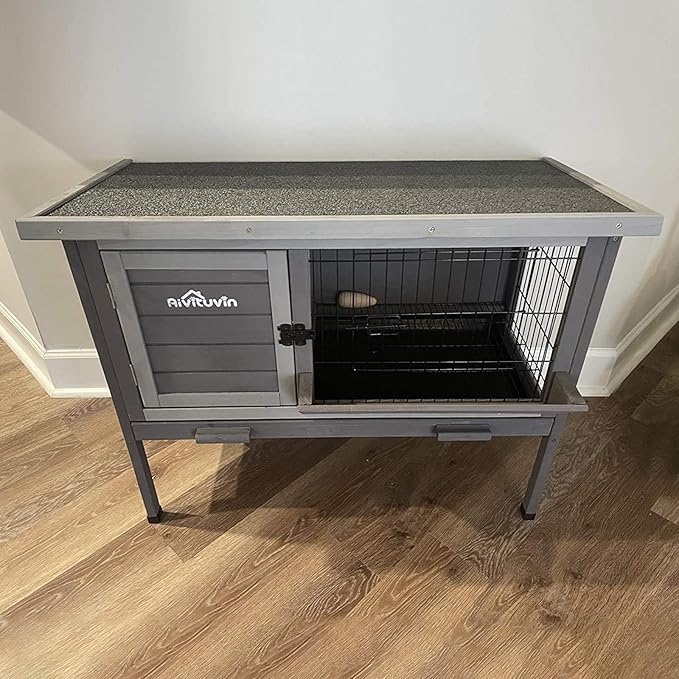 Aivituvin Outdoor Rabbit Hutch, Wooden Bunny Cages Indoor with Deeper Leakproof Tray - Upgrade with Metal Wire Pan-PawvioPets