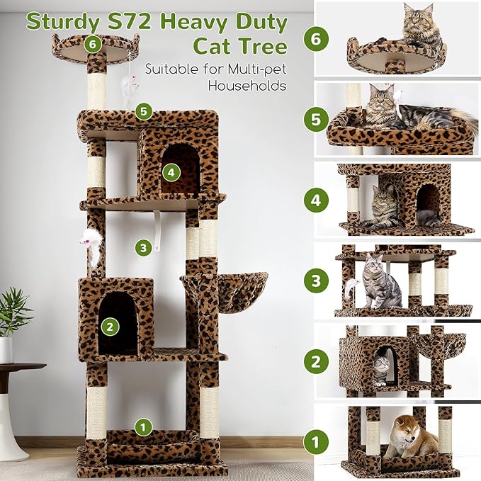 Globlazer Heavy Duty Cat Trees for Large Cats, Sturdy 72in Maine Coon Cat Tree for Large Cat 20 lbs+ Heavy Duty Cat Tower for Adult Biggest Cats with 6 Scratching Posts, Hammock, S72, Leopard Print-PawvioPets