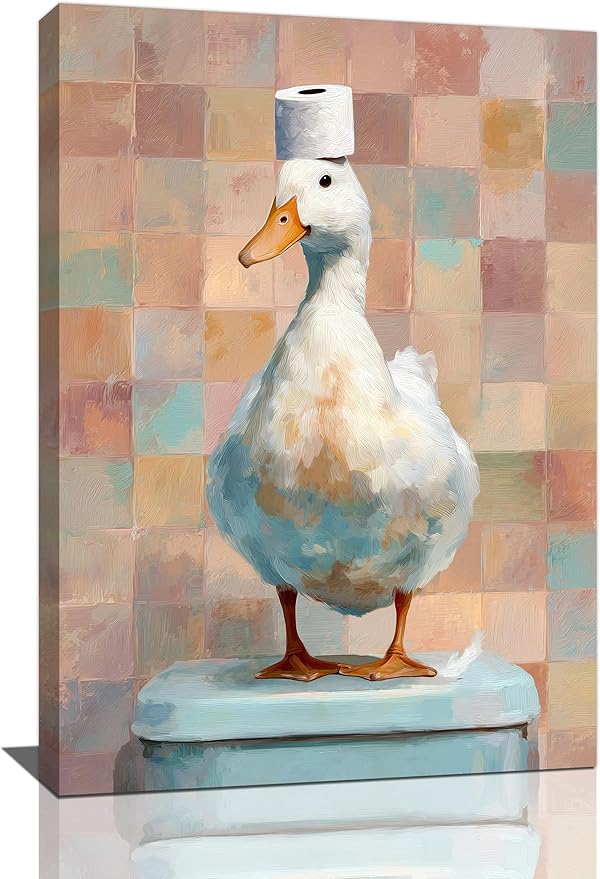 Funny Duck Bathroom Wall Art Cute Duck on Toilet Canvas Wall Decor Funny Quirky Farm Animal Pictures Painting Print Framed Artwork Decorations Gifts for Bathroom 16"x24"-PawvioPets
