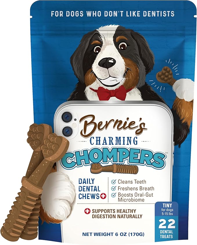 Bernie's Charming Chompers - Daily Dental Chews for Dogs 5-15 Lbs. - 22 Count - Cleans Teeth, Freshens Breath, + Boosts Oral-Gut Microbiome. Easy to Digest, Supports Healthy Digestion Naturally-PawvioPets