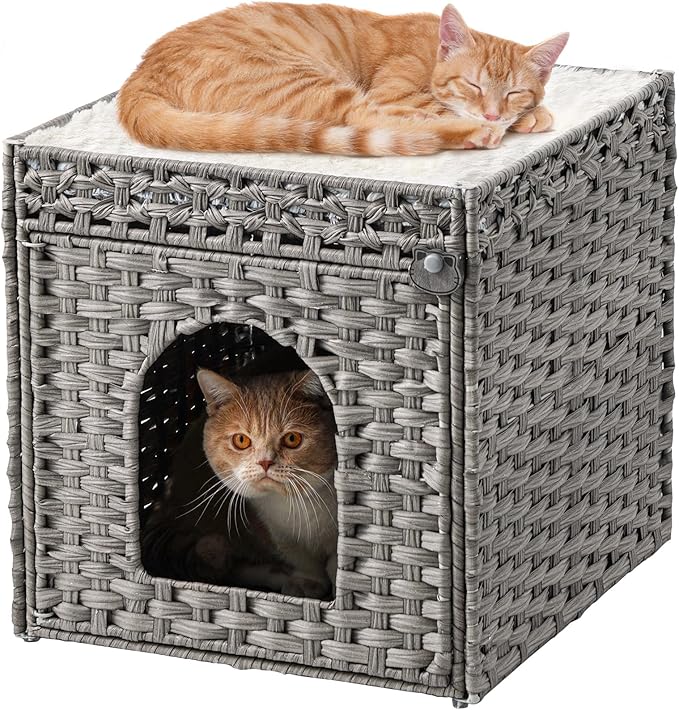 Cat Beds for Indoor Cats Extra Large Double Cat Cave Pet Cube, Handwoven Rattan Cat Houses with Double-Sided Soft Cushions, 18.5 x 20.5 x 19.1 Inches Foldable Hideaway in Living Room Gray-PawvioPets