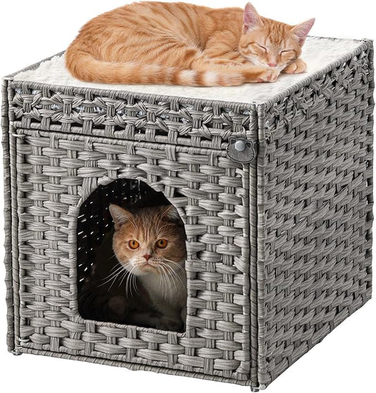 Cat Beds for Indoor Cats Extra Large Double Cat Cave Pet Cube, Handwoven Rattan Cat Houses with Double-Sided Soft Cushions, 18.5 x 20.5 x 19.1 Inches Foldable Hideaway in Living Room Gray-PawvioPets