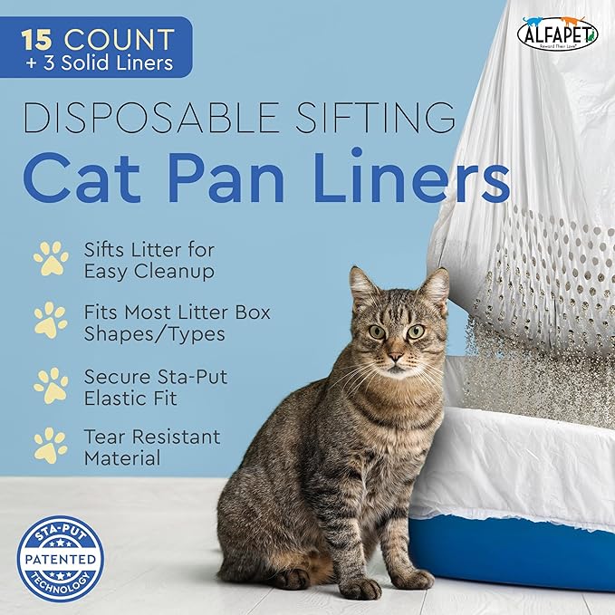 Alfapet Sifting Cat Litter Box Liners - Jumbo 15 Count, Pack of 5 - Tear-Resistant Cat Litter Bags, Waterproof Kitty Litter Liners, Fits Litterbox Pan Sizes X-Large, X-Giant, 37" x 18" 30 lb Capacity-PawvioPets