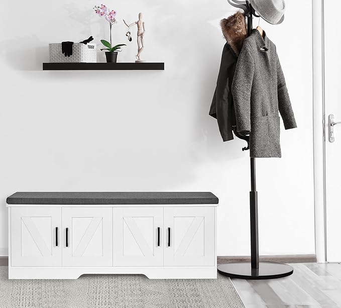 2-Tier Storage Bench, Shoe Bench with Padded Seat Cushion, Entryway Bench with 4 Barn Doors, Adjustable Shelf, 13.8" D x 47.2" W x 17.7" H, for Entryway, Living Room, Bedroom, White-PawvioPets