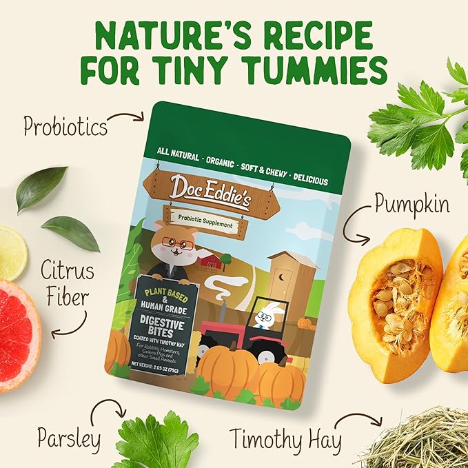 DOC EDDIE'S Digestive Bites - Plant-Based Small Animal Treats for Rabbits, Guinea Pigs, Hamsters, Gerbils, and More - Probiotics Supplement Made with Timothy Hay, Real Fruits, and Veggies-PawvioPets