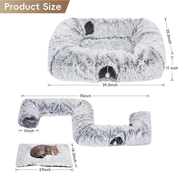 Extra Large Cat Tunnel Bed, 4 Ways Tunnels for Indoor Cats, Multi-cat Family Peekaboo Cave & Cat Bed, Plush Cat Donut with Washable Middle Mat, Exit Balls, Pet Play Toy for Kitten Puppy Rabbit-PawvioPets