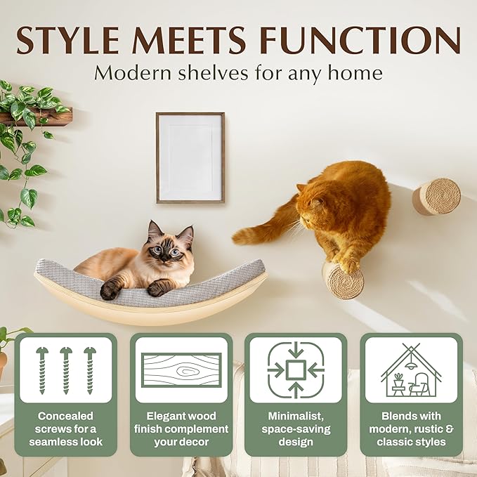 Extra Large 23.6”×14.6” CALLICO HAVEN- Stylish Cat Wall Shelves with Curved Design, Modern Wall-Mounted Cat Tree Hammock with Soft Cushion, Sturdy/Hidden Mounts, Washable Cover, Sleek Design -C Shape-PawvioPets