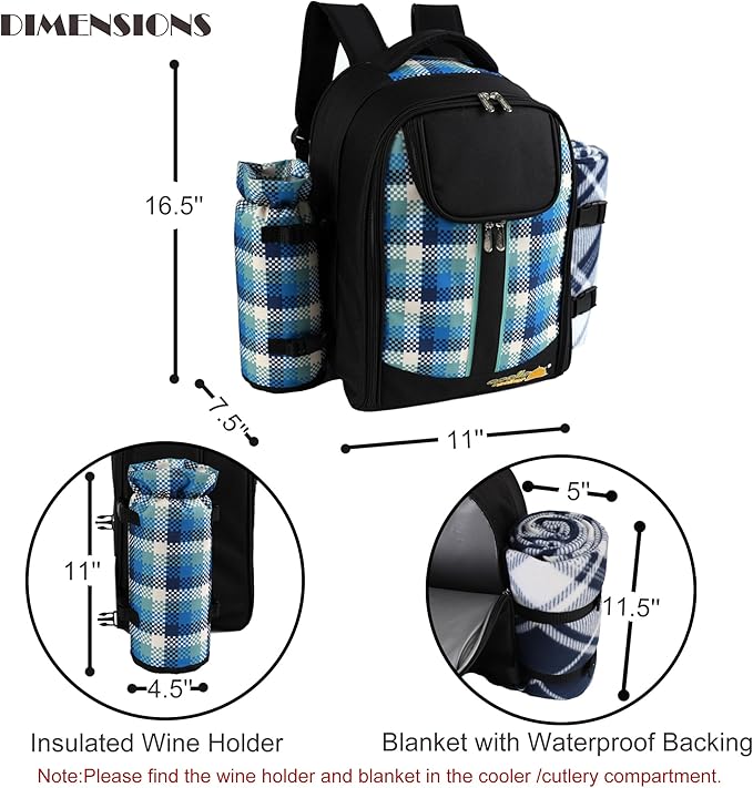 apollo walker Picnic Backpack Bag for 2 Person with Cooler Compartment, Detachable Bottle/Wine Holder, Fleece Blanket, Plates and Cutlery Set-PawvioPets