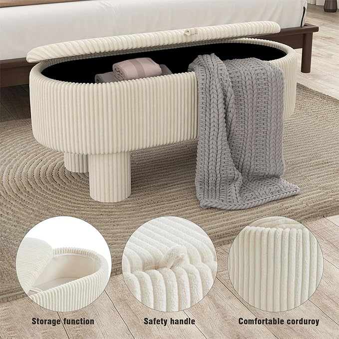Corduroy Storage Ottoman Bench, 43" Upholstered Oval Footrest with Hidden Storage, Modern Design with Solid Wood Legs for Bedroom, Living Room, and Entryway Furniture, White-PawvioPets