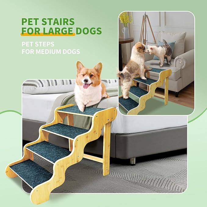 Dog Stairs for Large/Oldder Dogs,4 Steps Bamboo Wooden Pet Ramp for High Beds, Cars & Couch Sofa - Supports Dog Up to 160 LB,20-inches High-PawvioPets