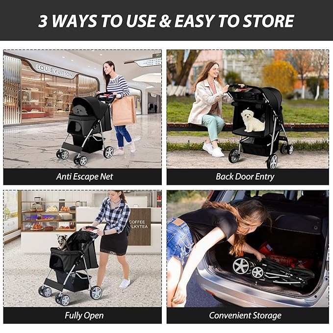 4 Wheels Pet Stroller for Small Medium Dogs Cats 10-33 lbs, Foldable Dog and Cat Stroller with Cup Holder & Storage Basket & Breathable Mesh, Pet Strolling Cart for All-Season, Black-PawvioPets