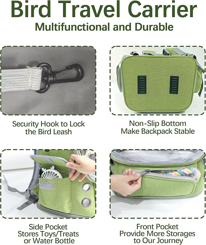 Bird Backpack Carrier Travel Cage with Perch, Tray &Food Cups for African Greys, Conures Parakeet Cockatiel Budgie,Small Animal Pet Carrier Bag for Vet Hiking Camping-PawvioPets