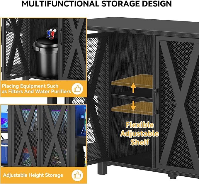DWVO Reptile Tank Stand Aquarium Stand with Power Outlet & LED Light, 75/90/120 Gallon Terrarium Stand Cabinet - Heavy Duty Fish Tank Stand for Turtle Tank, Reptile Terrarium, 2000LBS Capacity, Black-PawvioPets