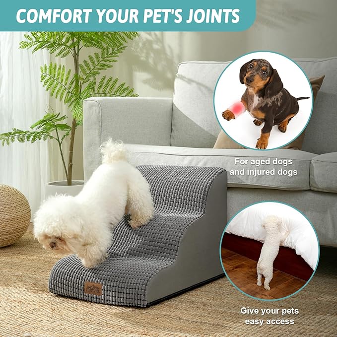 Dog Stairs for Small Dogs 15.7" H, Curved Dog Step for Puppy, Older Cat, Medium Pet Ramp for Sofa, Couch or Chair, Ladder with High Density Foam, 15.7x22.4x15.7 inch, 3 Step, Light Grey-PawvioPets