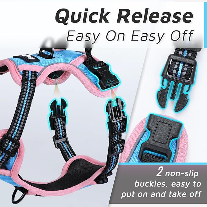 Eagloo Dog Harness for Large Dogs, No Pull Service Vest with Reflective Strips and Control Handle, Adjustable and Comfortable for Walking, No Choke Harness with 2 Metal Rings, Pink & Blue, M-PawvioPets
