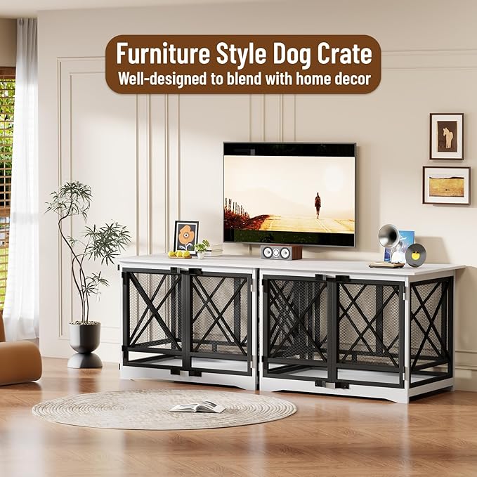 COZPAW Large Dog Crate Furniture - 48 inch Heavy Duty Dog Kennel Indoor for XLarge Breed with Double Doors, Wooden Dog Cage XL Modern Decorative End Table Pet House (White)-PawvioPets