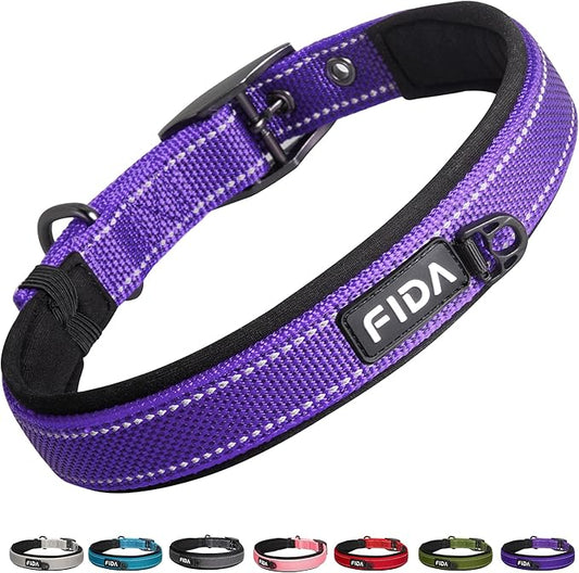 Fida Heavy Duty Dog Collar, Ultra Comfortable Soft Neoprene Padded, Adjustable Reflective Nylon Pet Collar with Durable Metal Belt Buckle for Medium Breeds (M, Purple)-PawvioPets