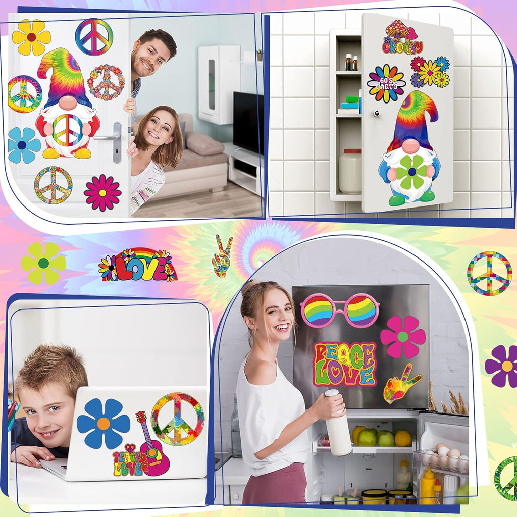 25 Pieces Car Magnet Decorations 60s Hippie Theme Party Magnetic Decals Fridge Magnets Flower Peace Car Magnetic Sticker Love Sign Colorful Hippie Decals for Refrigerator Mailbox Decor