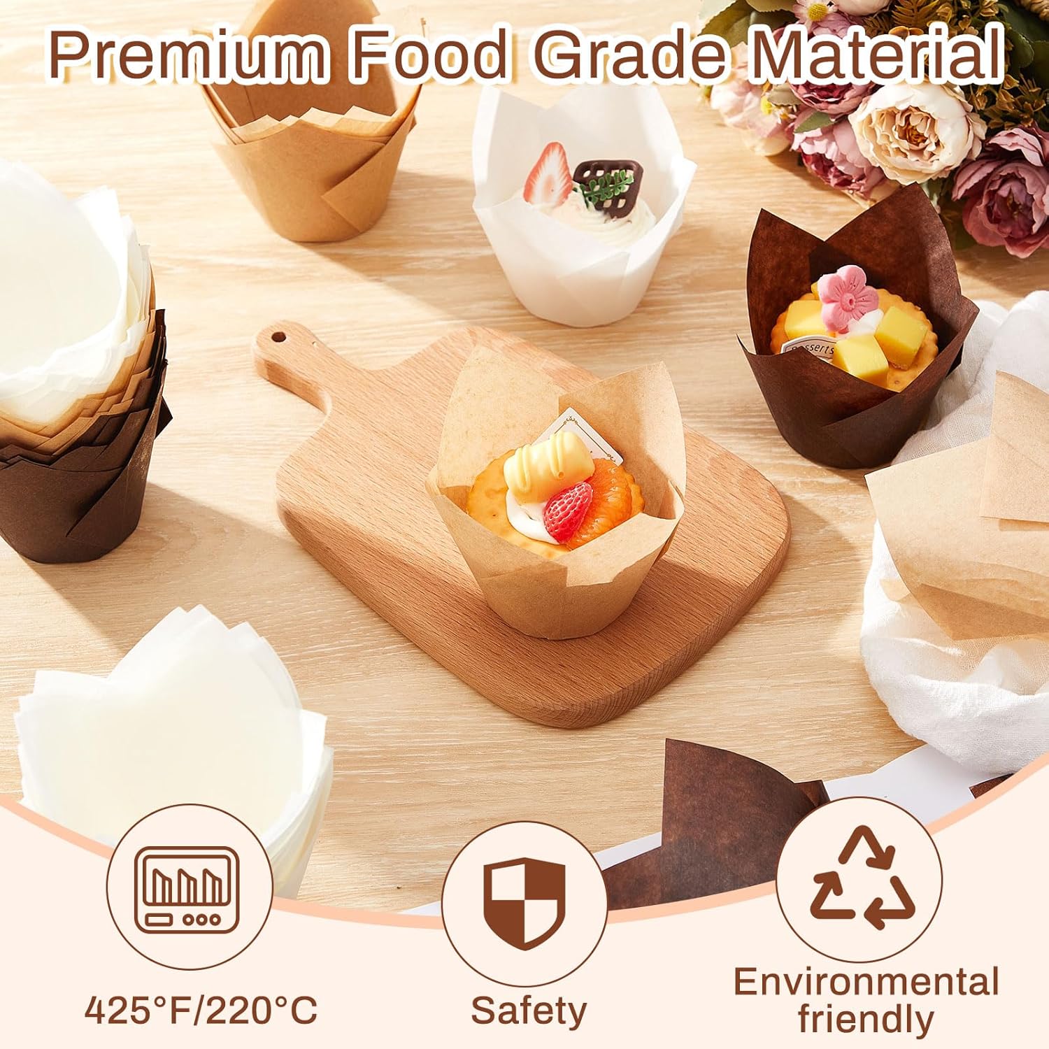 300 Pcs Jumbo Muffin Liners for Baking 2-1/4" x 4" Large Tulip Cupcake Liners Greaseproof Cupcake Wrapper Paper for Weddings Birthday Christmas Anniversaries Party (Light Brown,White,Brown)