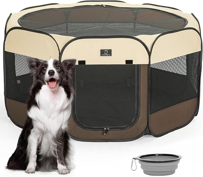 A4Pet Dog Playpen Indoor, 49” Pet Playpen with Bowl for Dogs, Kittens, and Small Animals, Removable Zipper & Mesh Panel(19”W × 12”H)-PawvioPets