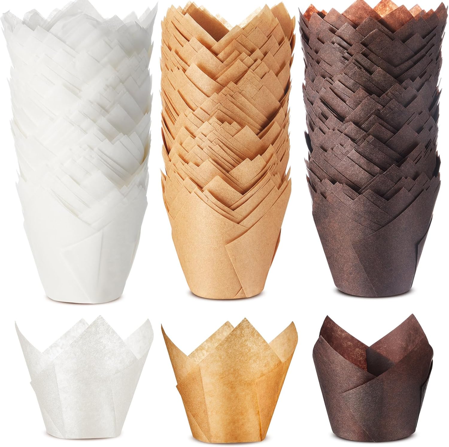 300 Pcs Jumbo Muffin Liners for Baking 2-1/4" x 4" Large Tulip Cupcake Liners Greaseproof Cupcake Wrapper Paper for Weddings Birthday Christmas Anniversaries Party (Light Brown,White,Brown)
