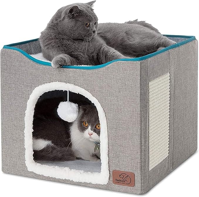 Bedsure Cat Beds for Indoor Cats - Large Cat Cave for Pet Cat House with Fluffy Ball Hanging and Scratch Pad, Foldable Cat Hideaway, 16.5x16.5x13 inches, Grey-PawvioPets