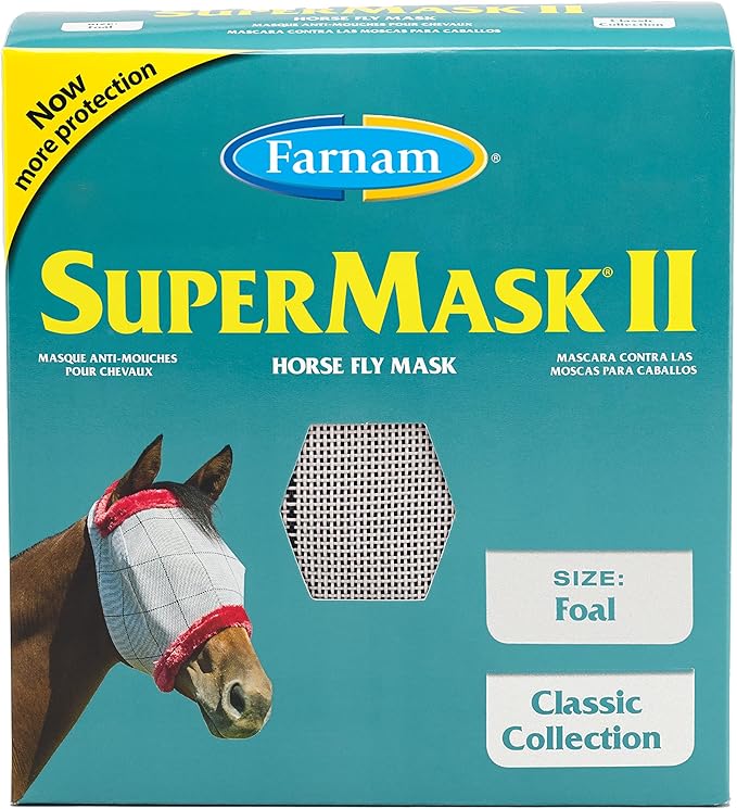 Farnam SuperMask II Fly Mask Without Ears for Foals, Full Face Coverage and Eye Protection from Insect Pests, Structured Classic Styling Mesh with Plush Trim, Foal Size-PawvioPets
