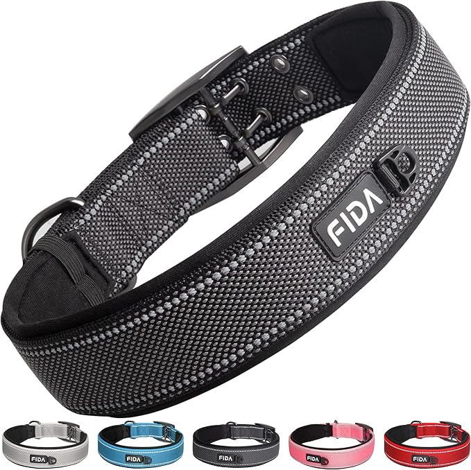 Fida Heavy Duty Dog Collar 1.5” Width, Ultra Soft Neoprene Padded, Adjustable Reflective Nylon Pet Collar with Two Metal Pin Belt Buckle for Large/X-Large Breeds (XL, Black)-PawvioPets