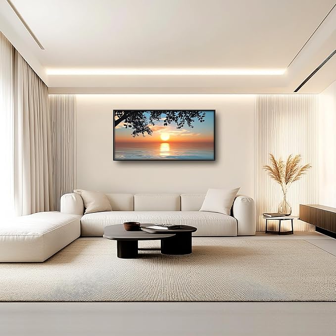 Framed Large Lake Sunset Wall Art, Oversized Natural Landscape Wall Decor for Living Room, Tree Leaves Canvas Painting Pictures Home Decoration for Living Room Bedroom Office 60"x30"-PawvioPets