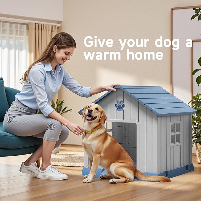 DRATO Dog House Indoor Outdoor for Small to Large Sized Dogs Indoor Outdoor Doghouse Puppy Shelter with Elevated Floor, Easy to Assemble (Blue, 38Inch(37.8 * 40.87 * 38.82))-PawvioPets