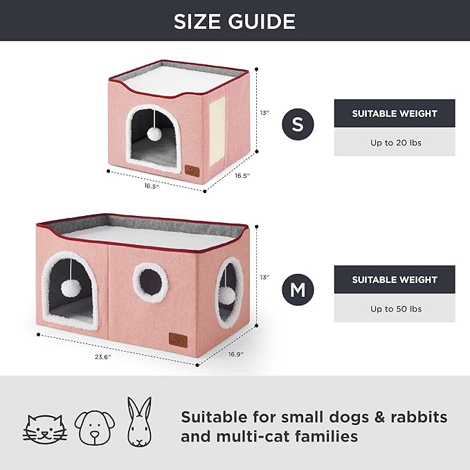 Bedsure Large Cat Beds for Indoor Cats - Extra Wide Cat Cube House for Small Pet with Fluffy Ball Hanging and Scratch Pad, Foldable Pet Cave Hideaway for Multiple Cats, 23.6x16.9x13 inches,Pink-PawvioPets