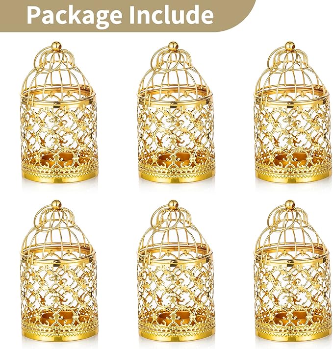 6 Pcs Small Metal Tealight Hanging Birdcage Lantern, Vintage Decorative Centerpieces of Wedding, Party, Gold-PawvioPets