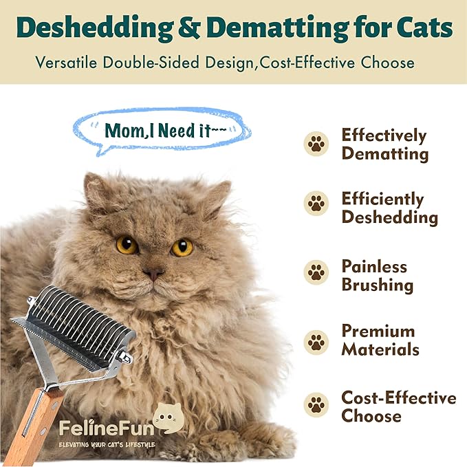 FelineFun Cat Brush for Dematting & Deshedding, 2 in 1 Undercoat Rake, Efficiently Remove Loose Hair & Matted Fur, Professional Shedding Comb for Indoor Cats & Long Haired Cats-PawvioPets
