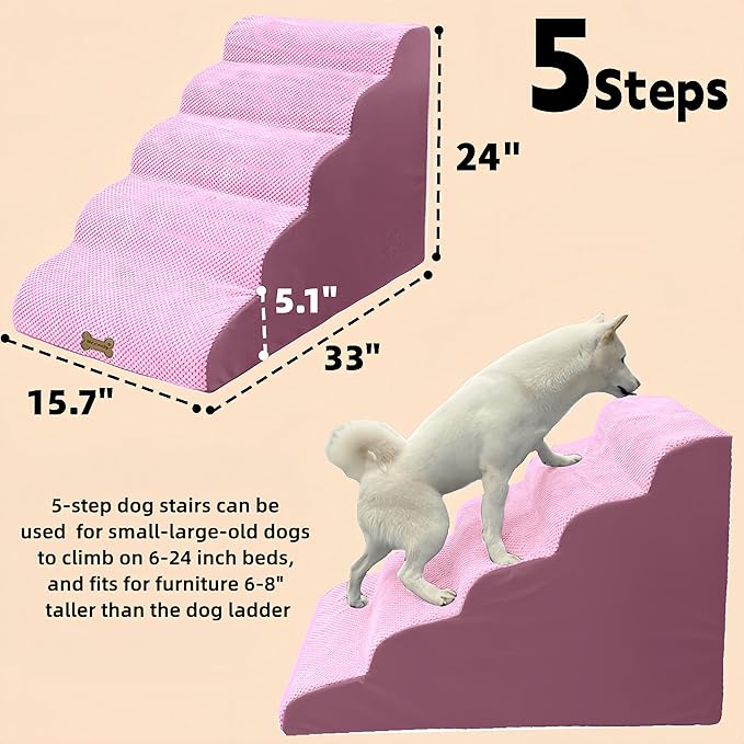 Dog Stairs & Pet Ramp for Small/Large Dogs to High Beds/Couches - 5 Steps 24-inch Height for 18-30 inch Furniture, 2 Washable Covers (Pink, Grey), Non-Slip Balanced 33D Design for Old Dogs & Cats-PawvioPets