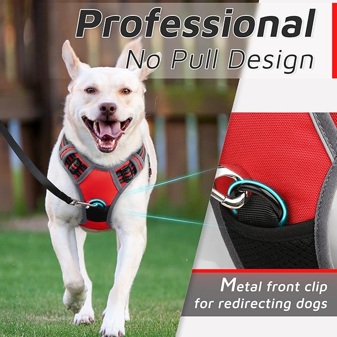 Eagloo Dog Harness for Large Dogs, No Pull Service Vest with Reflective Strips and Control Handle, Adjustable and Comfortable for Easy Walking, No Choke Pet Harness with 2 Metal Rings, Red, L-PawvioPets