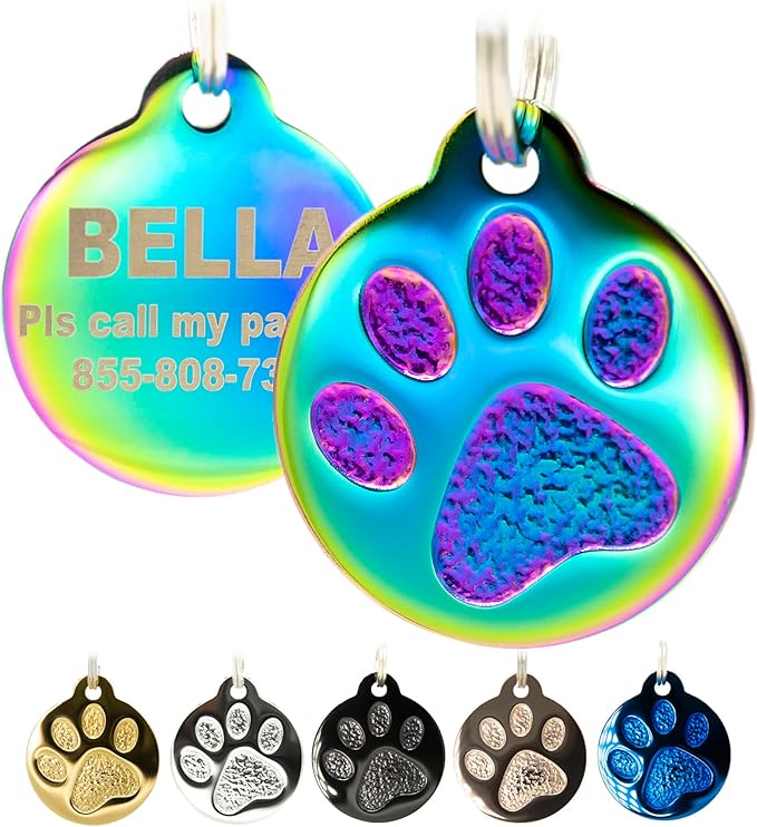 Engraved Pet Tag for Dogs and Cats - Personalized Front & Back up to 4 Lines of Text Custom Engraved ID, Round Paw Print Solid Plating Stainless Steel Nebula Regular-PawvioPets