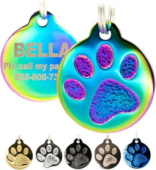 Engraved Pet Tag for Dogs and Cats - Personalized Front & Back up to 4 Lines of Text Custom Engraved ID, Round Paw Print Solid Plating Stainless Steel Nebula Regular-PawvioPets