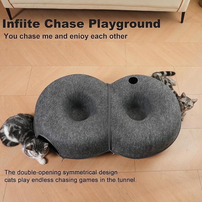8-Shaped Large Cat Tunnel Bed for Indoor Cats, Infinite Circulation Peekaboo Cat Cave with 12 Toy Balls, Cat Donut Tunnel for Cats up to 30 Pounds (Dark Grey, L 38x24x11in)-PawvioPets