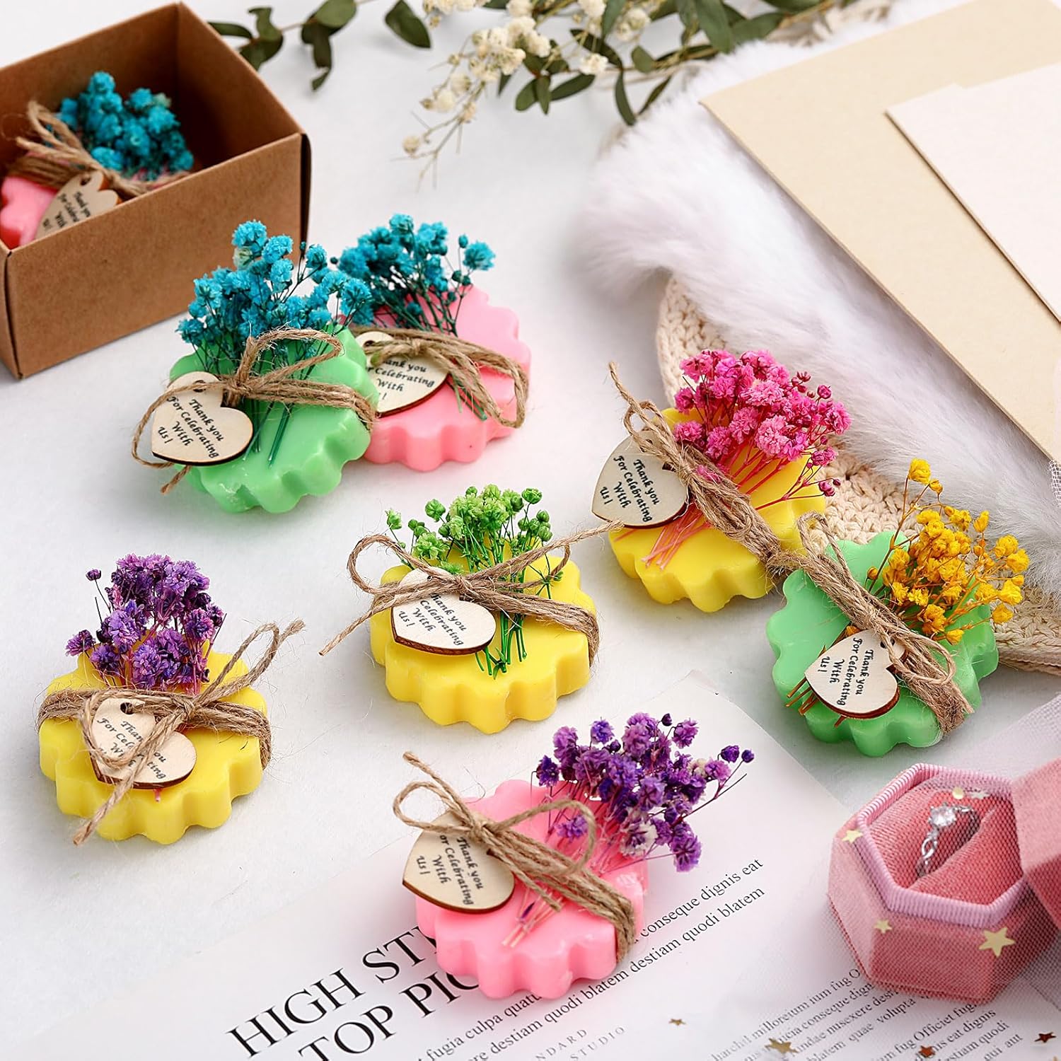 Kigeli Set of 45 Soap Favors DIY Bridal Shower Favors Bulk Wedding Soap Gifts Baby Shower Scented Soap Favors Natural Handmade Soap Bars for Wedding Bridal Shower (Green, Yellow, Red, Flower)