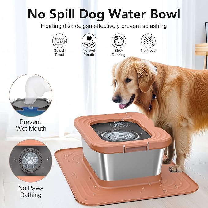 Decflow 10L Stainless Steel Dog Water Bowl, No Spill Anti-Splash Dog Bowls with XXL Silicone Mat, Spill-Proof Slow Feeder for Messy Drinkers, Heavy Duty Pet Bowls for Indoor/Outdoor Use Pink-PawvioPets