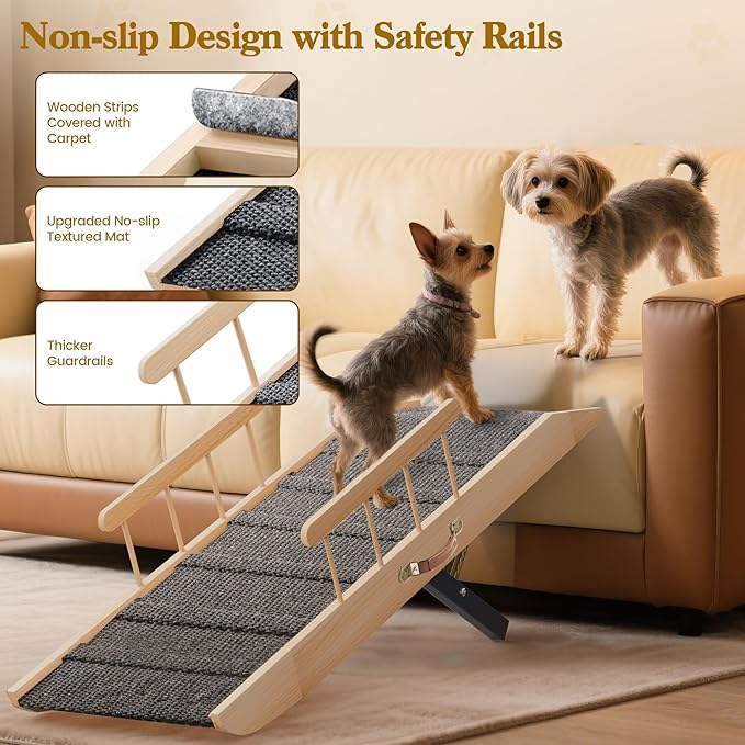 Dog Ramp for Bed Couch, Pet Ramp for Small Medium Old Dogs Cats with 10 Adjustable Heights from 5.91" to 19.69", 47" Long Portable Non-Slip Dog Bed Ramp for High Bed, Couch, Hold up to 200 LBS-PawvioPets