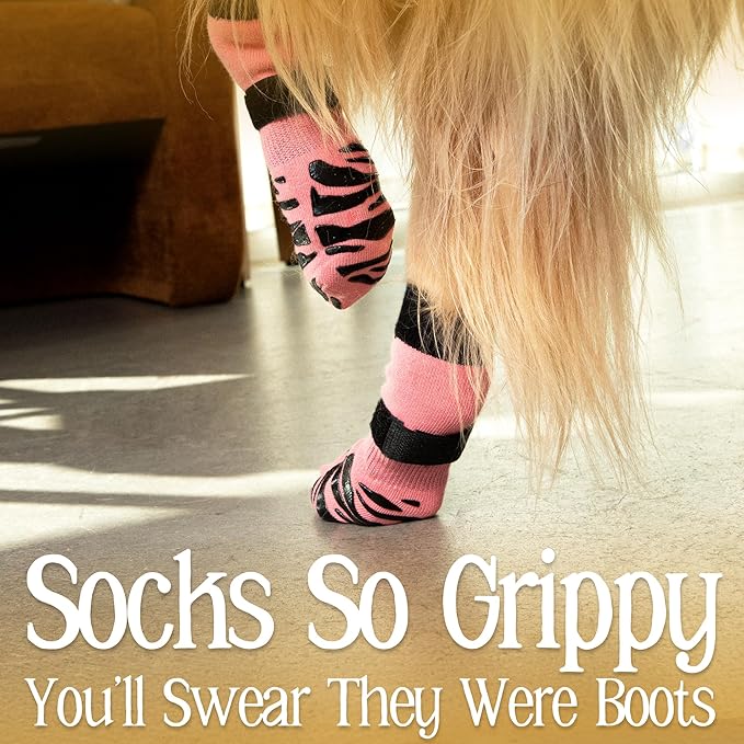 DOK TigerToes Premium Non-Slip Dog Socks for Hardwood Floors - Extra-Thick Grip That Works Even When Twisted - Prevents Licking, Slipping, and Great for Dog Paw Protection (Sassy Pink, Small)-PawvioPets