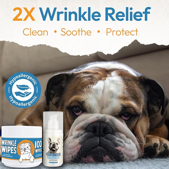 Bulldog Wrinkle Wipes & Cream Bundle - Deep Cleaning Wrinkle Wipes + Soothing Dog Wrinkle Cream - Hypoallergenic for Bulldogs, Pugs, Frenchies (100 Wipes + 85g Cream)-PawvioPets