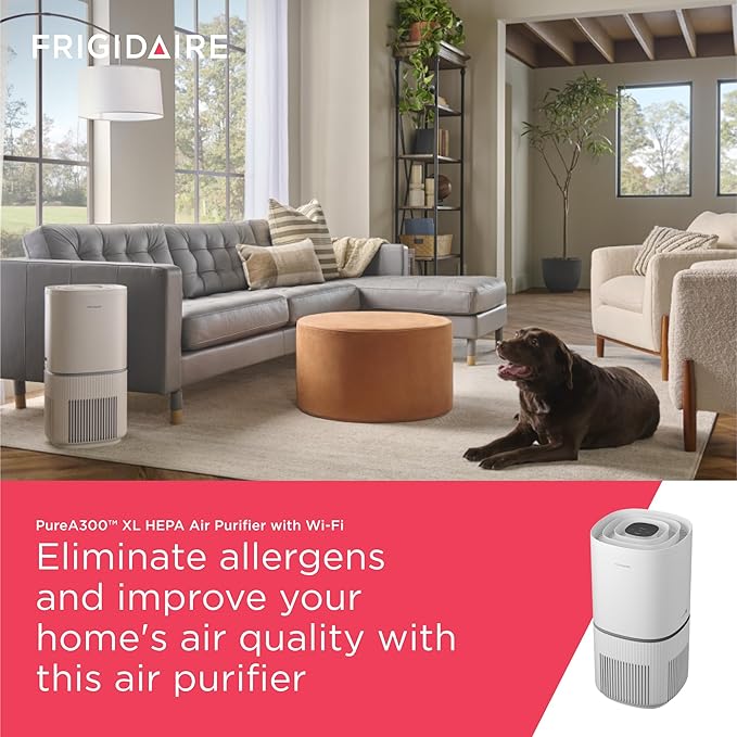 Frigidaire PureA300 XL HEPA Air Purifier with Wi-Fi for Large Rooms, Covers up to 1,685 Sq. Ft., 3-Stage Filtration, Energy Star Certification, Air Quality Monitoring, Smart Mode, Ultra Quiet, White-PawvioPets